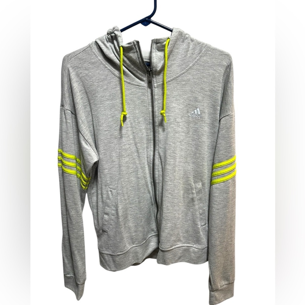 ADIDAS GRAY AND NEON YELLOW ZIP UP HOODIE JACKET